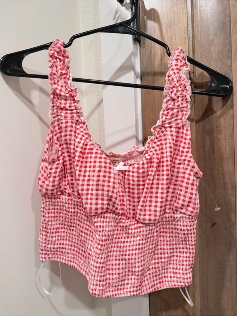 SHEIN Red Gingham Ruffle-Strap Cropped Tank
